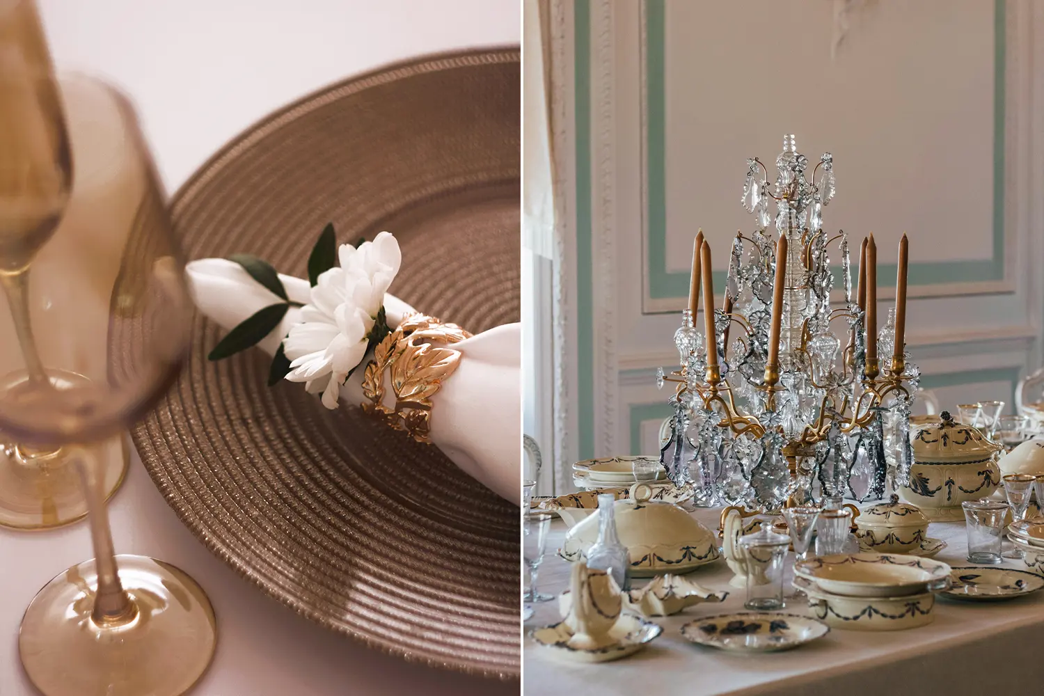 Left: Close-up of a table setting featuring a brown plate, a white napkin with a golden napkin ring, and brown-toned wine glasses. Right: Vintage table setting in a mansion, showcasing plates with golden edges, mocha brown candles in an ornate candle holder, and an elegant ambiance.